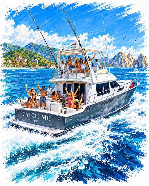 Illustration of friends celebrating aboard Catch Me