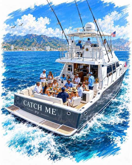 Illustration of a large group dining aboard Catch Me